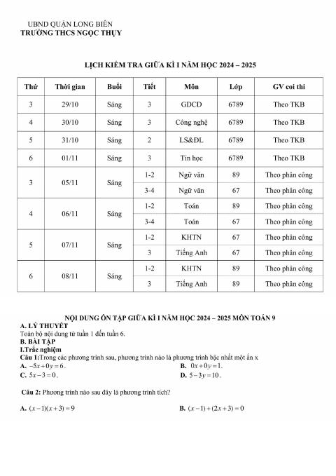 Ôn tập giữa kì 1 Toán 9 năm 2024 – 2025 trường THCS Ngọc Thụy – Hà Nội